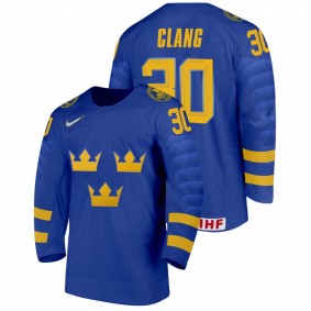 Calle Clang Sweden Hockey Blue Away 2022 IIHF World Junior Championship Jersey #30