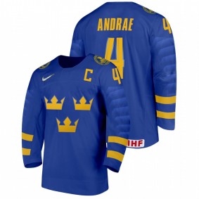 Emil Andrae Sweden Hockey Blue Away 2022 IIHF World Junior Championship Jersey #4