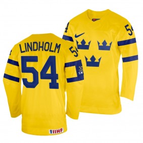 Sweden Hockey Anton Lindholm #54 Yellow Home Jersey 2022 IIHF World Championship