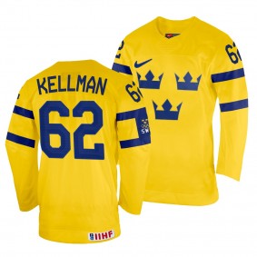 Sweden Hockey Joel Kellman #62 Yellow Home Jersey 2022 IIHF World Championship