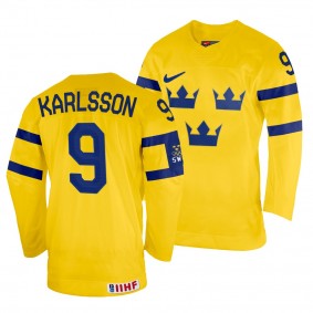 Sweden Hockey Linus Karlsson #9 Yellow Home Jersey 2022 IIHF World Championship