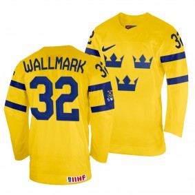 Sweden Hockey Lucas Wallmark #32 Yellow Home Jersey 2022 IIHF World Championship