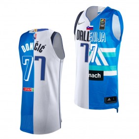 Slovenia X Mavericks #77 Luka Doncic 2021 First Olympics Berth White Blue Dual Teams Split Jersey