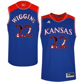 Male Kansas Jayhawks #22 Andrew Wiggins Royal NCAA Basketball Jersey with Player Pictorial