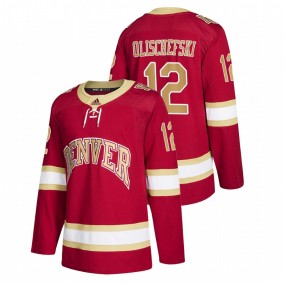 Men's Denver Pioneers Kohen Olischefski #12 Red College Hockey Road Jersey