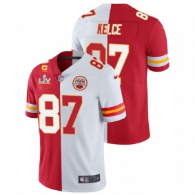 Men's Kansas City Chiefs Travis Kelce Red White Super Bowl LV Split Vapor Limited Jersey