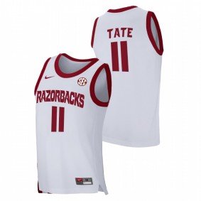 Men Arkansas Razorbacks Jalen Tate White Home 2021 March Madness Jersey