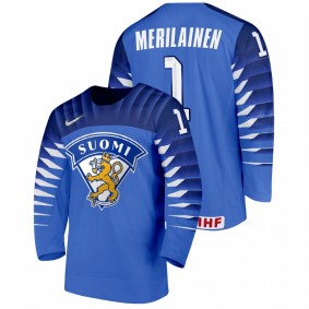 Finland Leevi Merilainen #1 Blue 2022 IIHF World Junior Championship Away Hockey Jersey