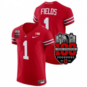 Justin Fields #1 Scarlet Ohio State Buckeyes 1922-2022 Big Ten MVP 100th Year Stadium Anniversary Jersey