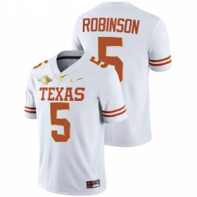 Men Texas Longhorns Bijan Robinson #5 White 2021 Red River Showdown Golden Edition Jersey