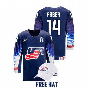 USA Brock Faber #14 Blue 2022 IIHF World Junior Championship Free Hat Hockey Jersey