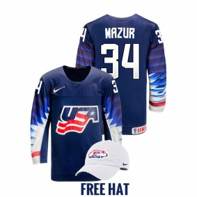 USA Carter Mazur #34 Blue 2022 IIHF World Junior Championship Free Hat Hockey Jersey