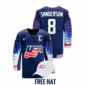 USA Jake Sanderson #8 Blue 2022 IIHF World Junior Championship Free Hat Hockey Jersey