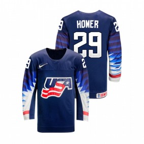 Men USA Team Gibson Homer #29 Navy 2021 IIHF Ice Hockey U18 World Championship Away Jersey