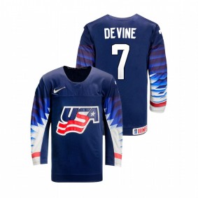 Men USA Team Jack Devine #7 Navy 2021 IIHF Ice Hockey U18 World Championship Away Jersey