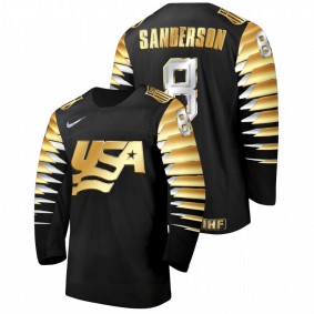 Men USA Team Jake Sanderson #8 Black 2021 IIHF World Junior Championship Golden Limited Edition Jersey