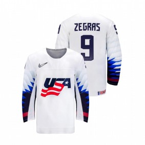 Men USA Team Trevor Zegras #9 White 2021 IIHF World Junior Championship Home Jersey