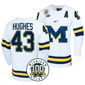 Luke Hughes Michigan Wolverines White 100th Anniversary Hockey Jersey