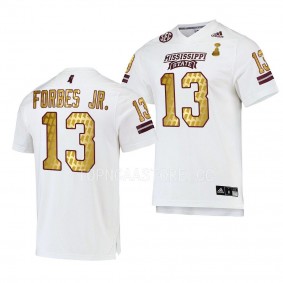 Mississippi State Bulldogs 2022 Egg Bowl Champions Emmanuel Forbes #13 White Men's Gold Jersey