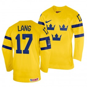 Sweden Hockey Oskar Lang #17 Yellow Home Jersey 2022 IIHF World Championship