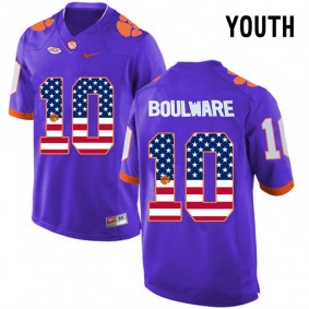 Youth Clemson Tigers Ben Boulware #10 Purple NCAA Football US Flag Fashion Jersey